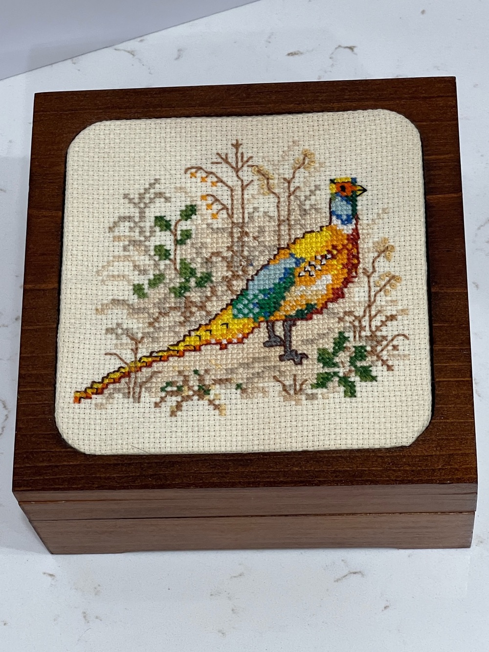 Creative Circle Vintage Ring Neck Pheasant Bird Cross Stitch Wood Keepsake Box